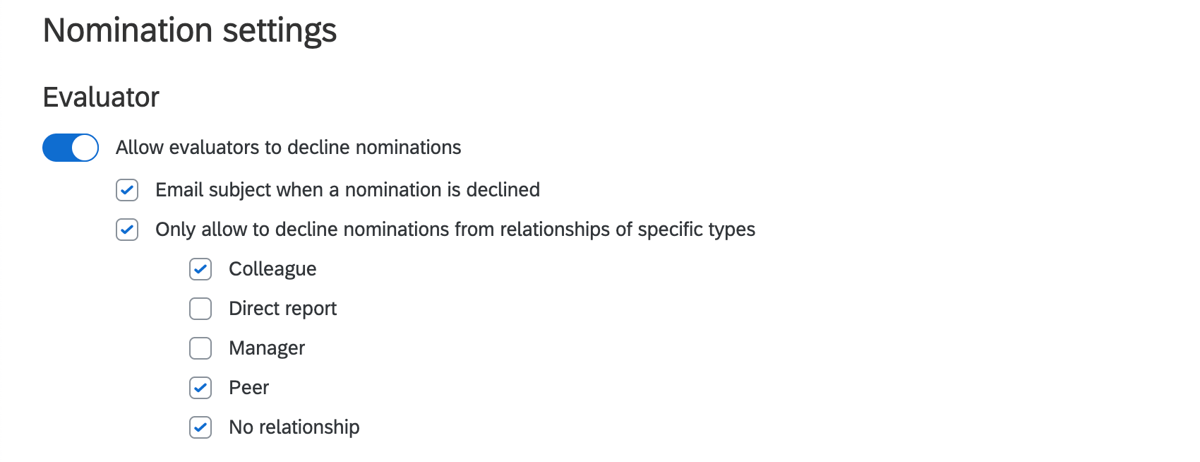 Imagen de la sección Evaluador de la configuración de Nominación