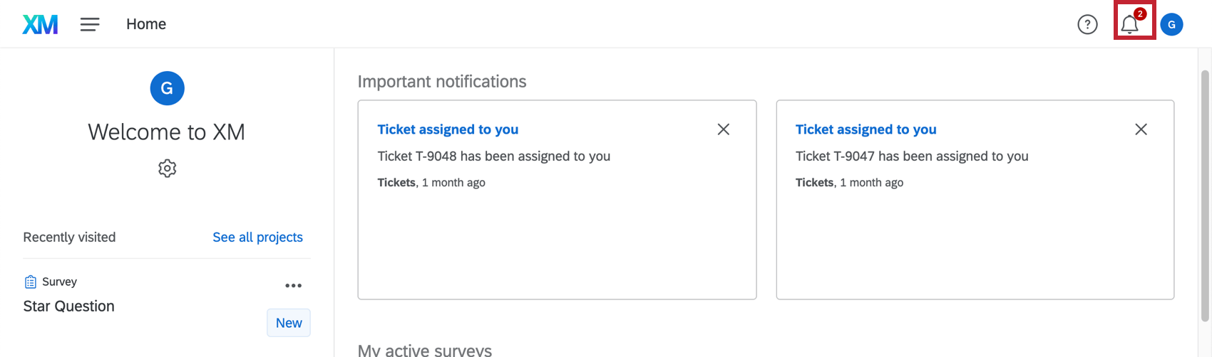 Em qualquer página do Qualtrics, há um sino com um número vermelho no canto superior direito