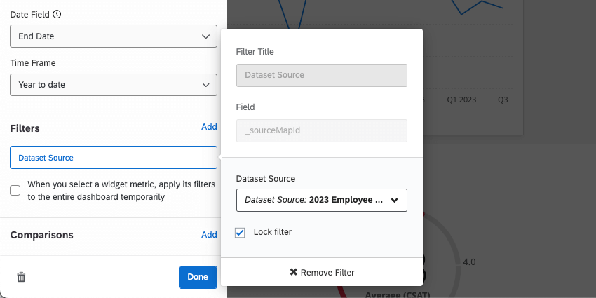 Data set source filter on a widget