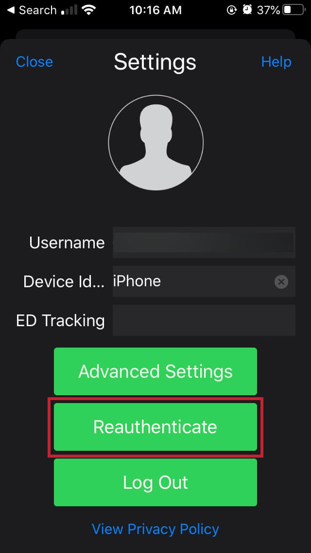 Tela de configurações Aplicativo off-line com o Reauthenticate destacado