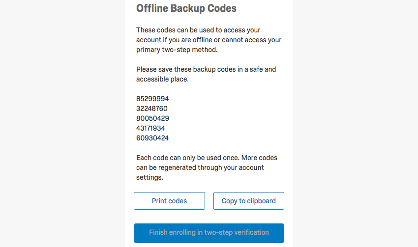 A list of number codes labeled Offline Backup Codes
