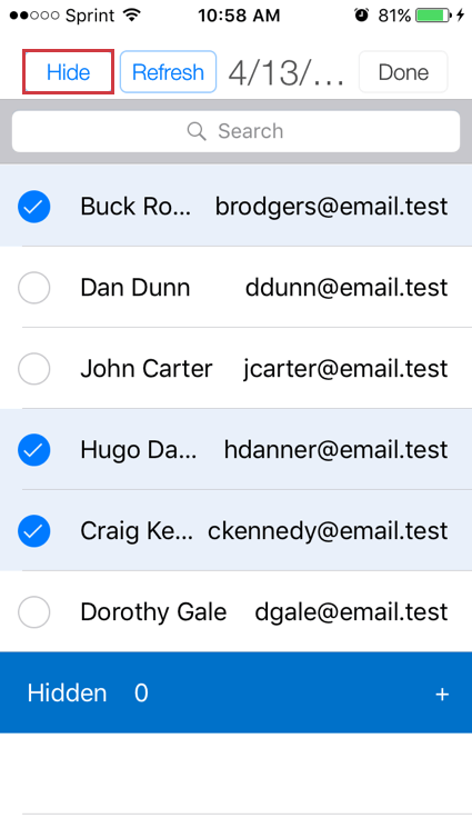 Multiple names are selected and the Hide button is being clicked