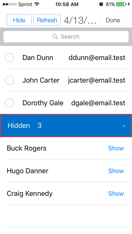 Hidden section of contact list with the names of those who have been hidden