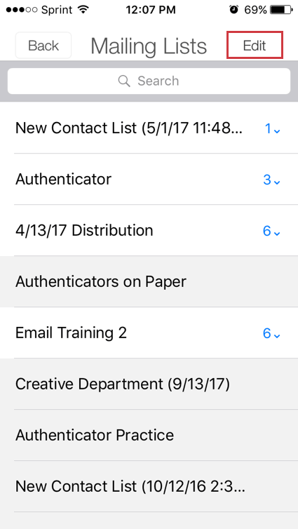Edit option in top-right corner of Mailing Lists page