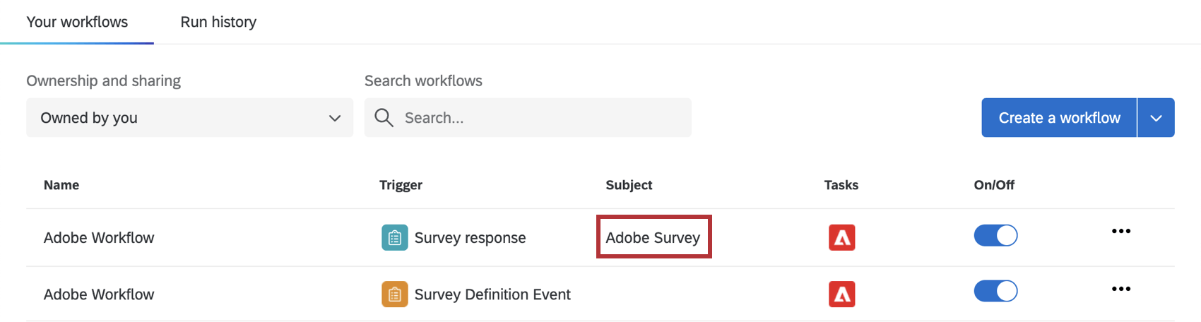 Workflow-Seite mit hervorgehobenem Umfrage