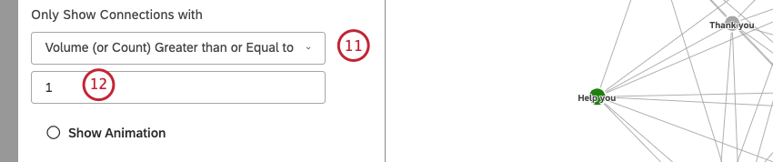 Sélectionnez Volume (ou Nombre) supérieur ou égal à pour spécifier le nombre minimum de documents dans lesquels les deux nœuds doivent se trouver ensemble pour quune connexion soit établie entre eux.