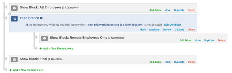 Dans le flux denquête, un bloc gris, une branche bleue sous laquelle se trouve un bloc gris et un bloc gris en retrait