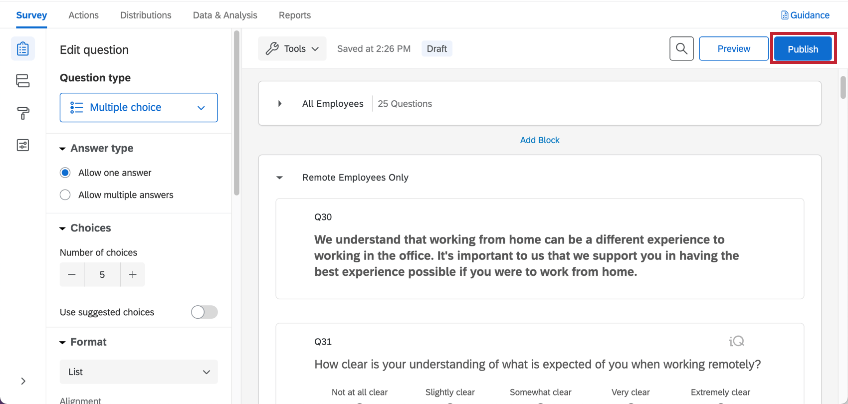 clicking the publish button