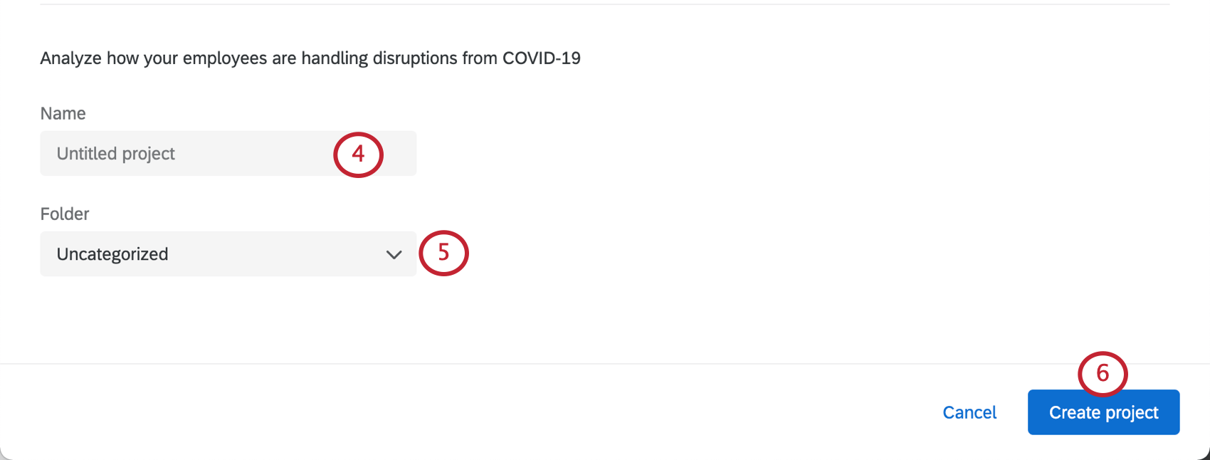 Field for project name and folder. Button to create on bottom-right