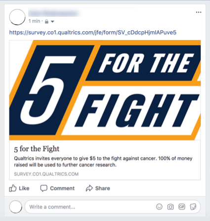 Une enquête Qualtrics accompagnée dun logo personnalisé est publiée sur Facebook