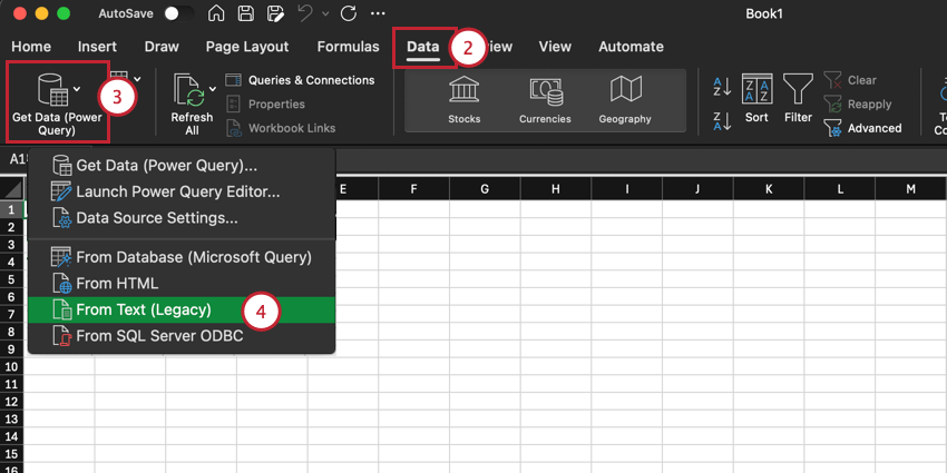 abrir o arquivo de tradução por meio do menu Dados no Excel