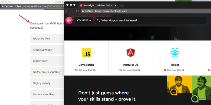 A window that no longer has the Qualtrics home page pulled up, but another one. Under the window is a site exit survey in a new window