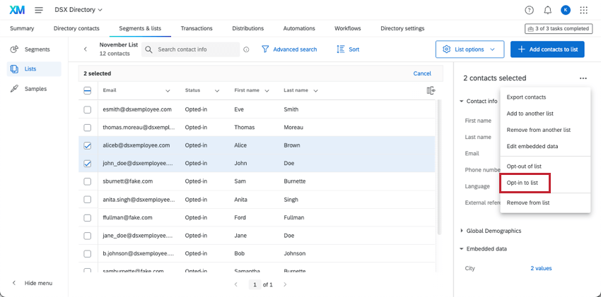 il menu a 3 punti è aperto e al suo posto è evidenziato il pulsante Opt-in