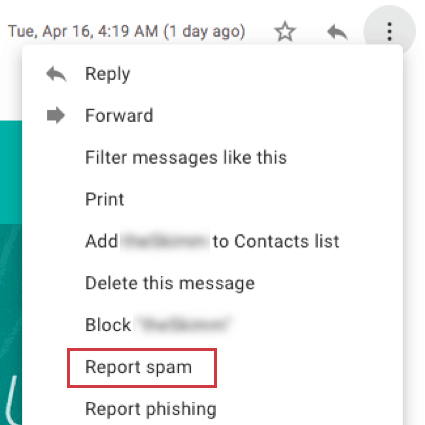 Gmail, donde las opciones de correo electrónico se expanden para mostrar la opción de informar spam