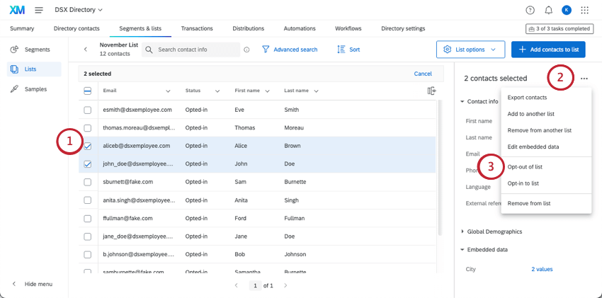 selezionando i contatti, i tre punti e lopzione Opt-out