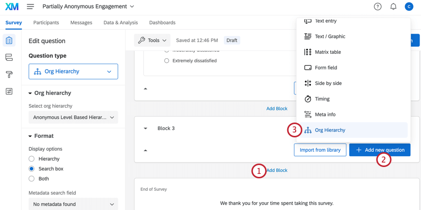 clicking add block, then add new question, then org hierarchy