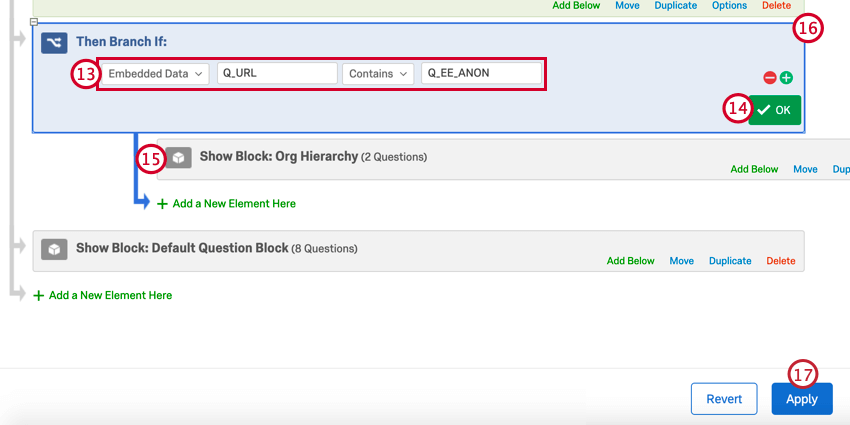 creating the branch condition for the anonymous link, and then nesting the org hierarchy question underneath the branch