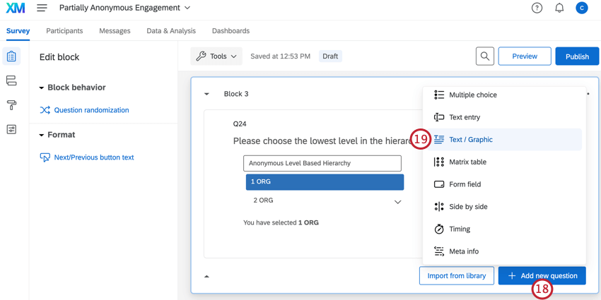 clicking add new question and then text / graphic