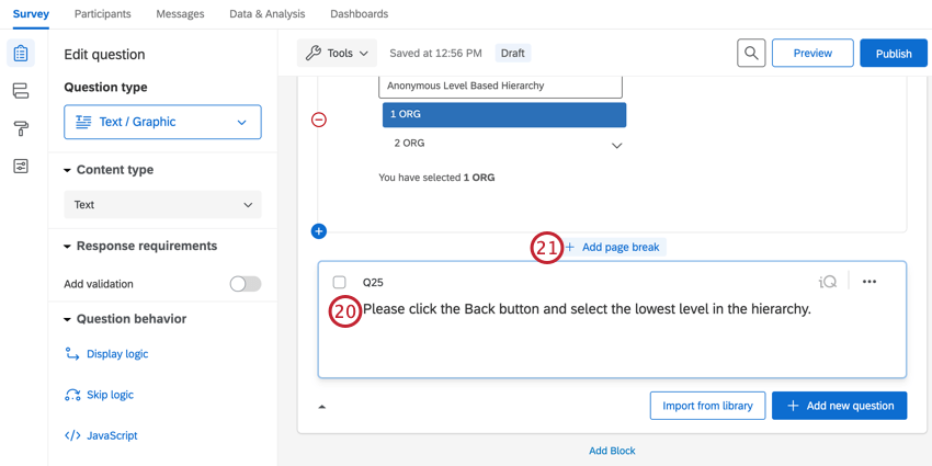 adding directions to the text question and then clicking add page break