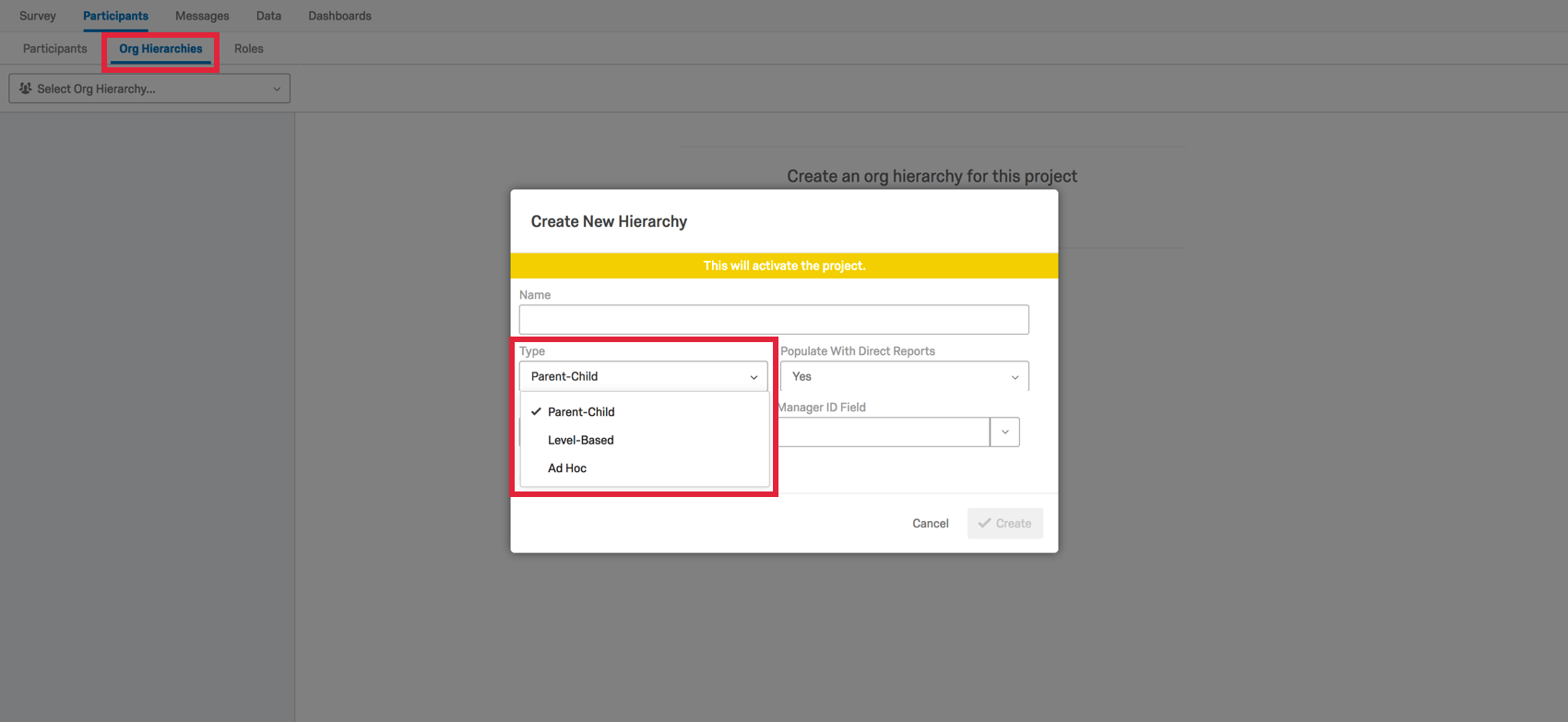Create New Hierarchy window opened with hierarchy Type menu opened