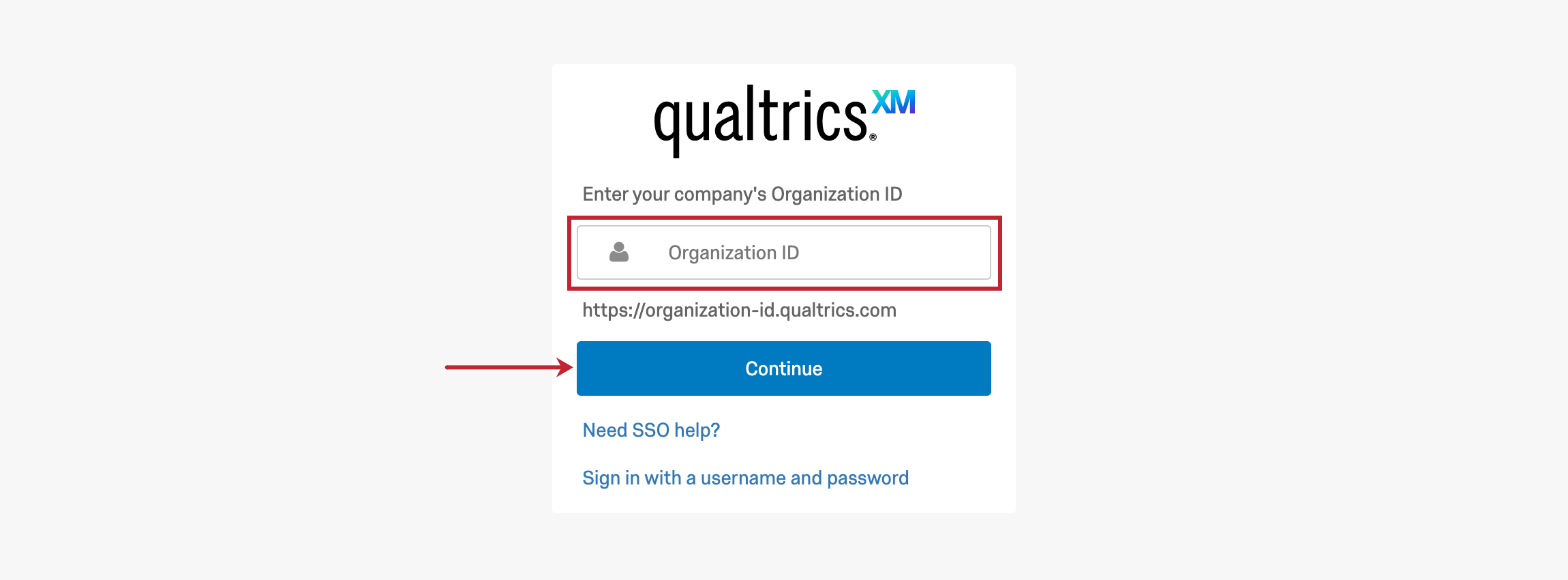 A field for organization ID and a Continue button