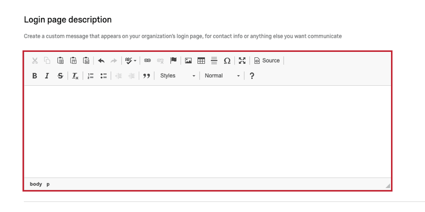 Login page description with a text box and rich content editor