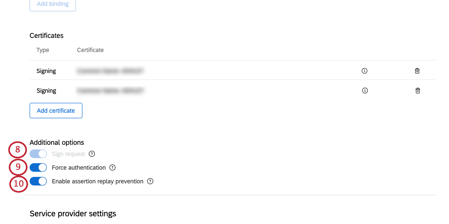 Immagine dopo linvio dei dettagli del certificato e dove si possono vedere le opzioni di selezione sotto una lista di certificati