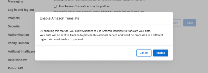 neues Fenster, in dem Sie gefragt werden, ob Sie Amazon Translate aktivieren möchten
