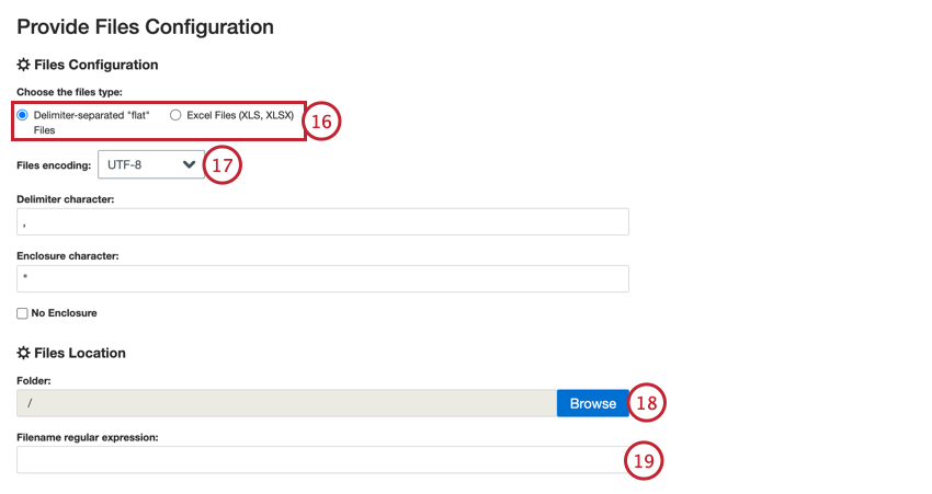 scegliere un tipo di file e la posizione della cartella sul server sftp