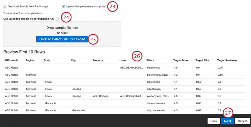 choosing a sample file and reviewing it before continuing