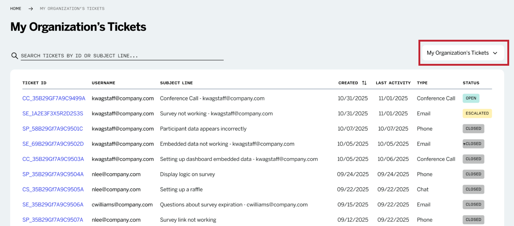 navigating to the organization tickets using the dropdown in the top right corner of the My Tickets page