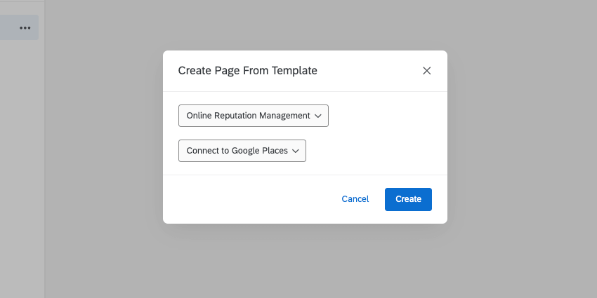 Create a page from a template window open, with online reputation management options selected