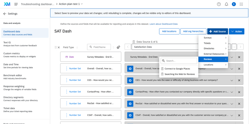 nos dados dashboard, adicionando uma fonte de dados e mapeando os dados do formulário