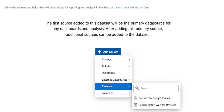 Add source button center of page clicked, expanded to reveal reviews option, and this menu expands to show the names of reputation management projects created