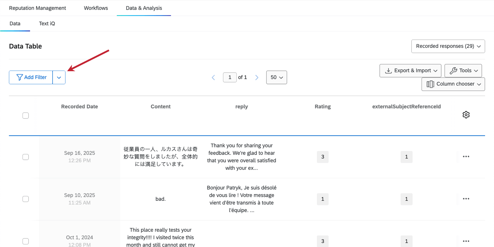 The filter button in the data & analysis tab
