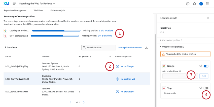 Reputation management page has locations with no profiles
