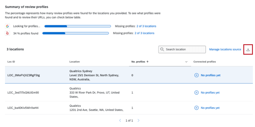 Downward arrow icon in upper-right of table indicates you can download location data