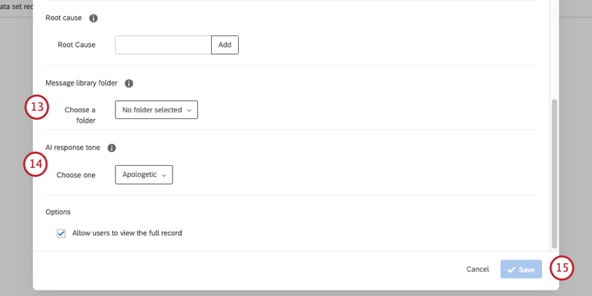bottom of ticket task has 2 options unique to reputation management: message library folder and AI response tone