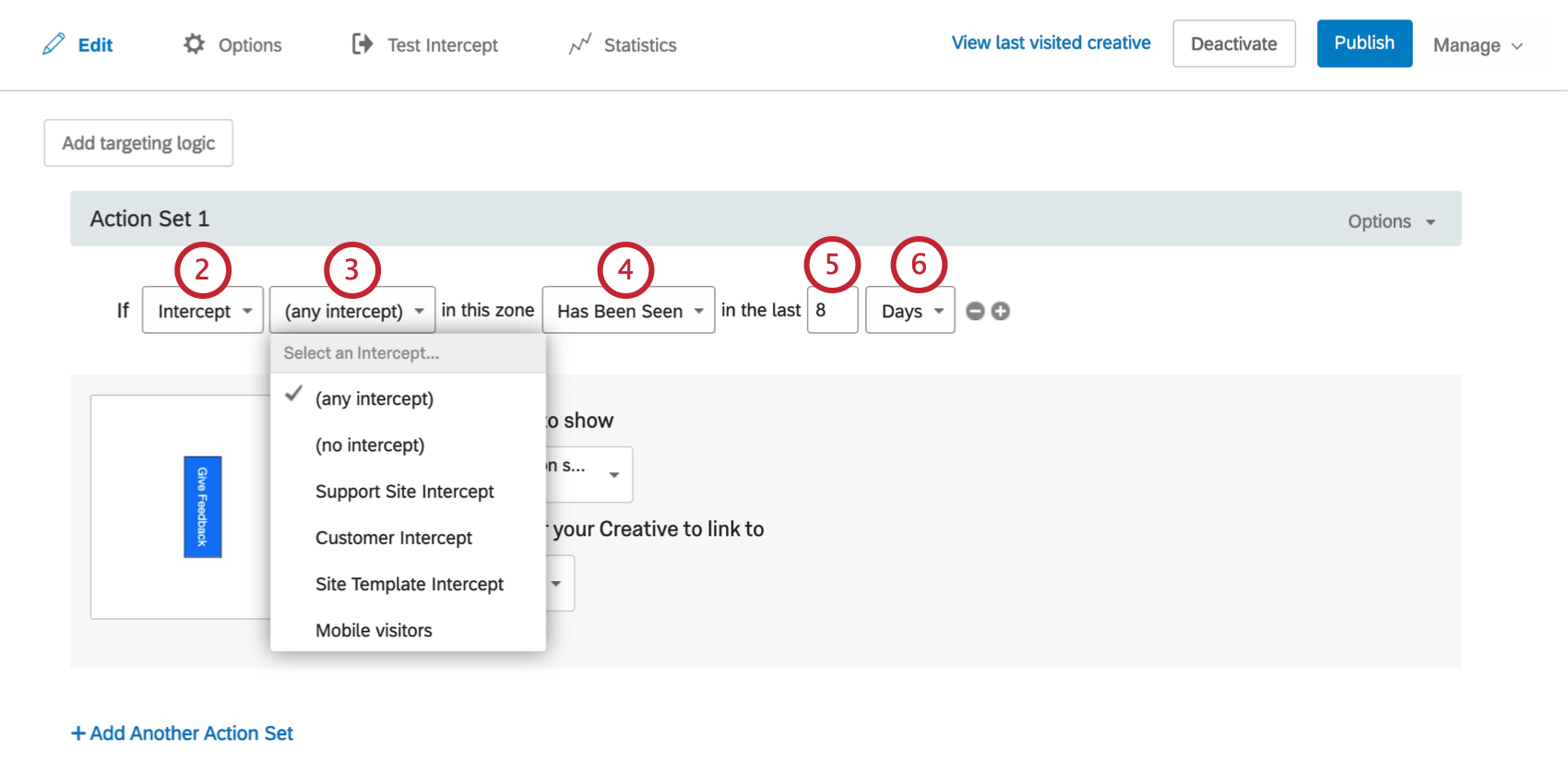 Intercept ausgewählt. Das zweite Feld Intercept auswählen wird nach unten verschoben, um eine Intercepts-Liste anzuzeigen.
