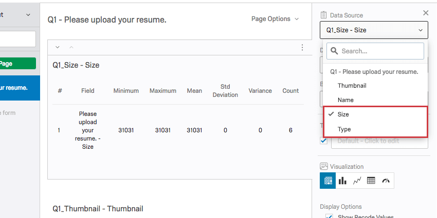 data source for a visualization in the results section can be adjust to any column in the file type file