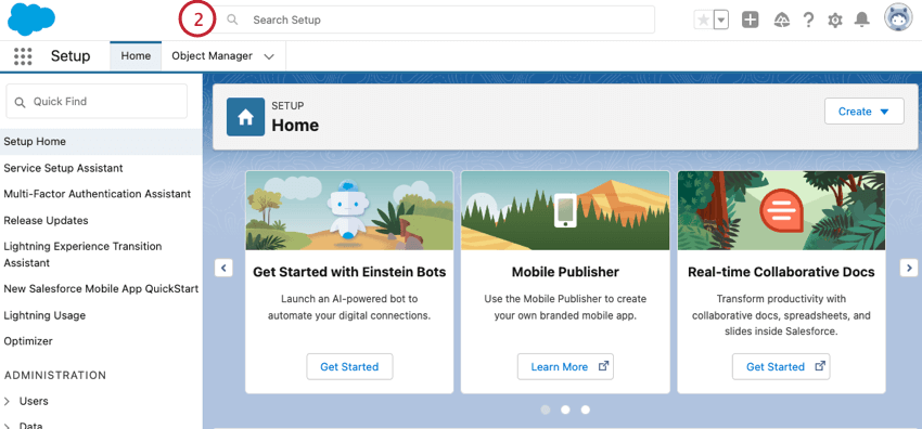 haciendo clic en la barra de configuración en Salesforce