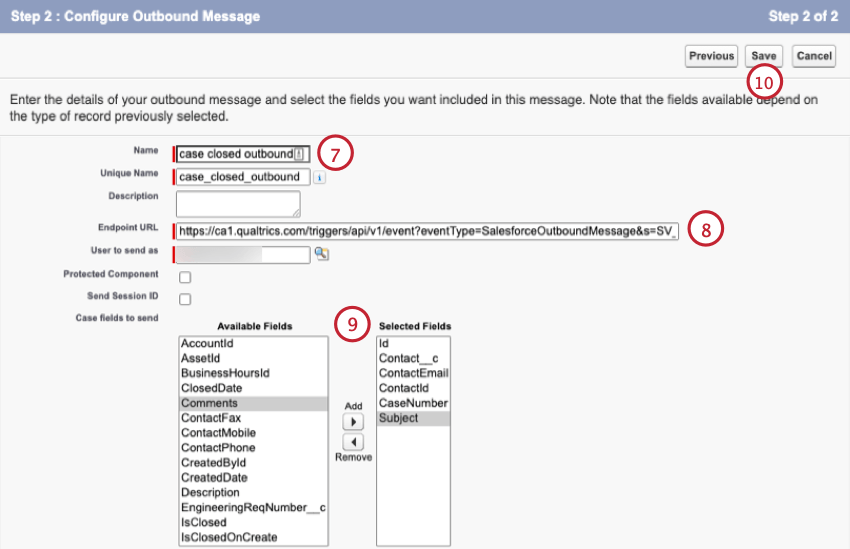 adding the outbound URL and choosing fields