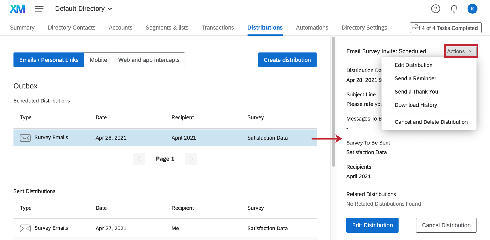 In the distribution menu is an Actions dropdown