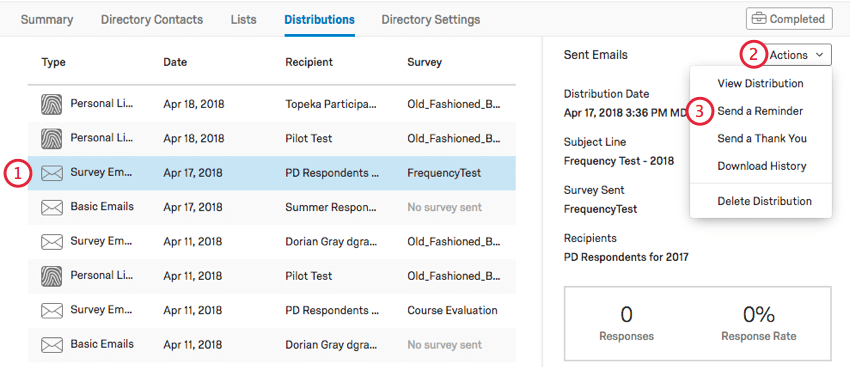 Escolher enviar um lembrete no menu suspenso de ações