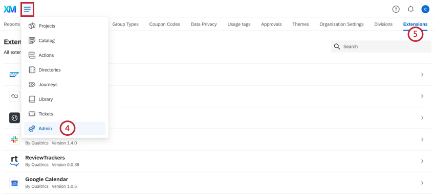 en utilisant le menu de navigation pour aller à ladministration, puis en naviguant vers les extensions