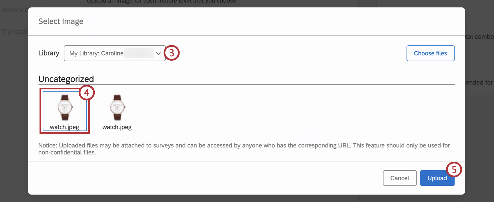 steps to select a library and choose images to upload