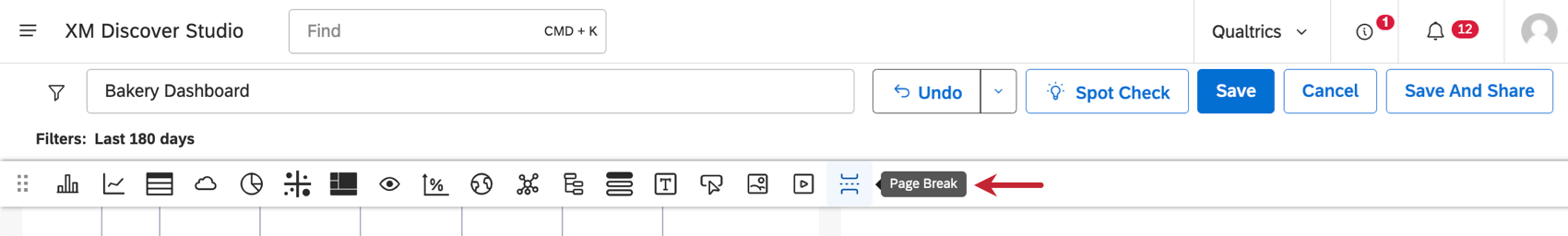 Immagine della barra lungo la parte superiore di una dashboard in modalità di modifica, che evidenzia lopzione Interruzione di pagina