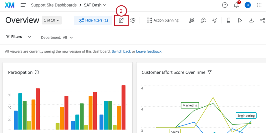 clicking edit at the top of the dashboard