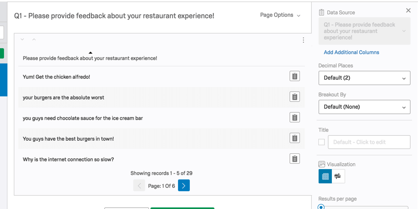Paginierte tabelle mit jeder Zeile, in der Feedback der Befragte:r angezeigt wird