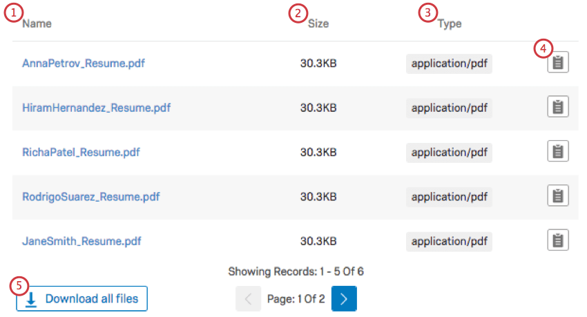 una tabla con una columna para un enlace al archivo, el tamaño y el tipo (por ejemplo, PDF)